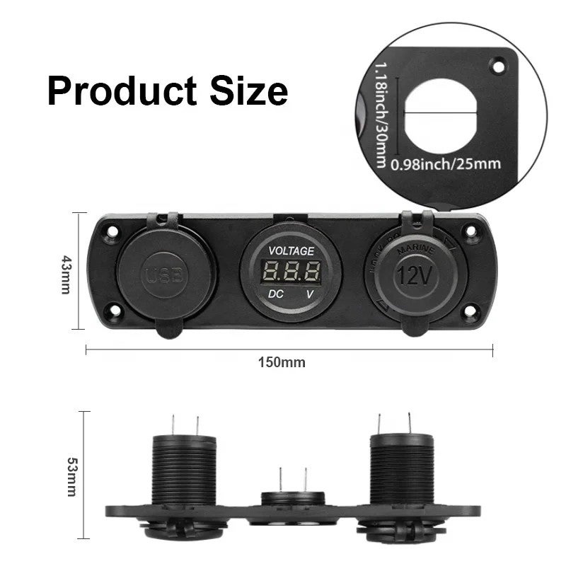 Bluejw 3-in-1 Car Charger Socket Panel: 12V Dual USB Power Outlet, Digital Voltmeter & Cigarette Lighter Adapter - Automobile Charger - Image 3